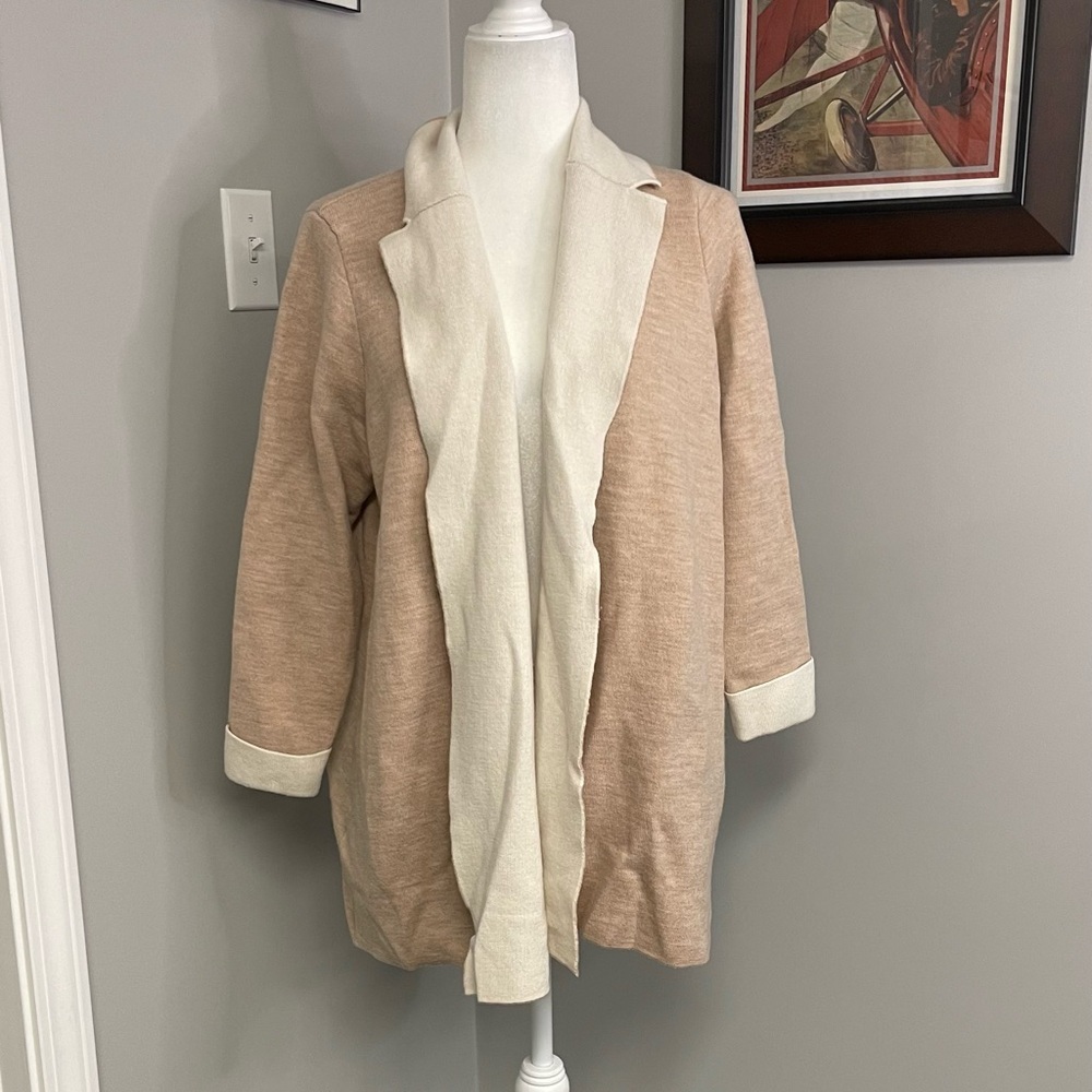 Talbots Open Front Two Toned Merino Wool Jacket Cardigan 2X Petite Tan Beige